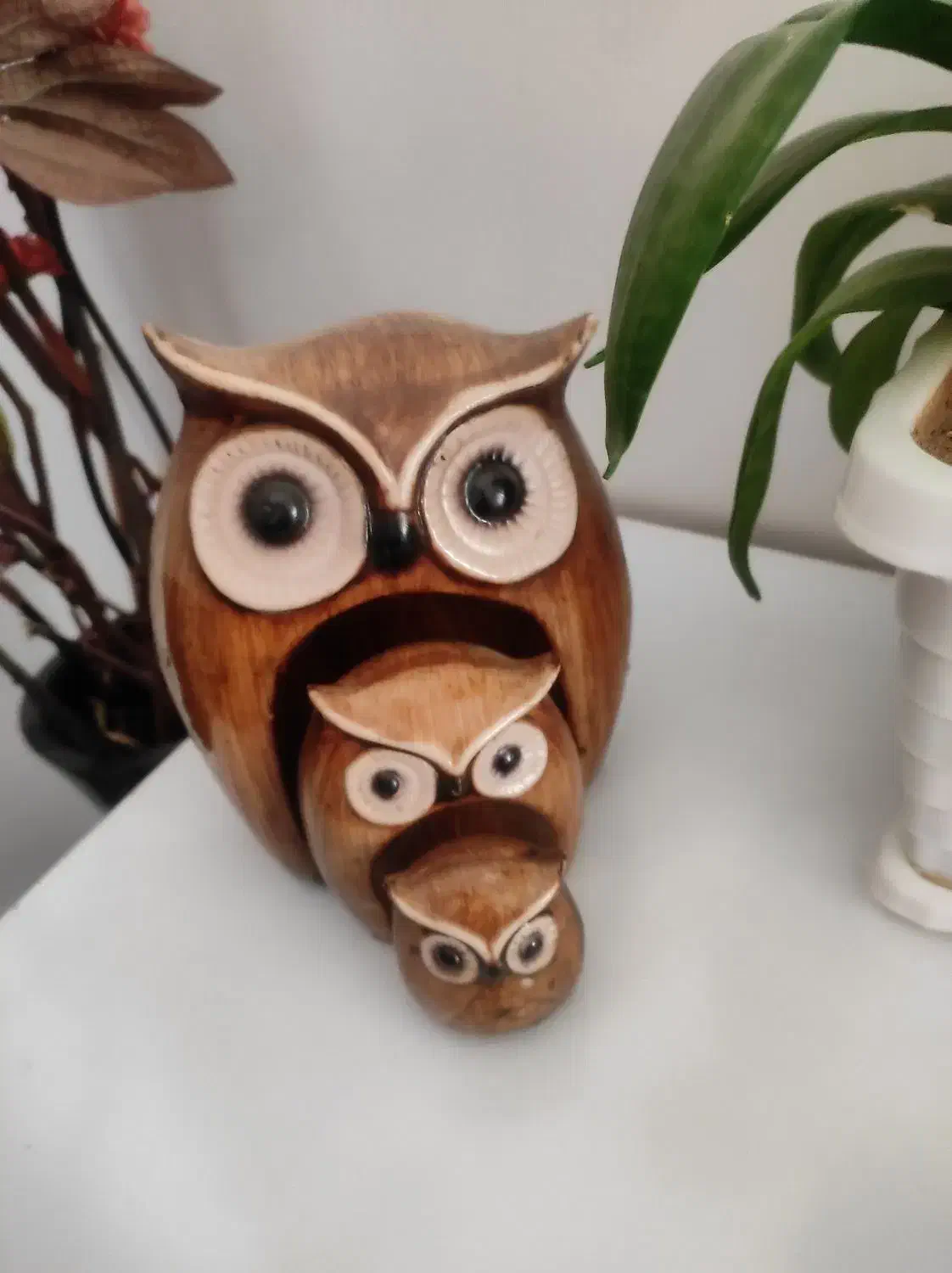 مجسمه جغد سه تیکه چوبی و گلدان فروشی|مجسمه، تندیس، ماکت|کرمانشاه, |دیوار