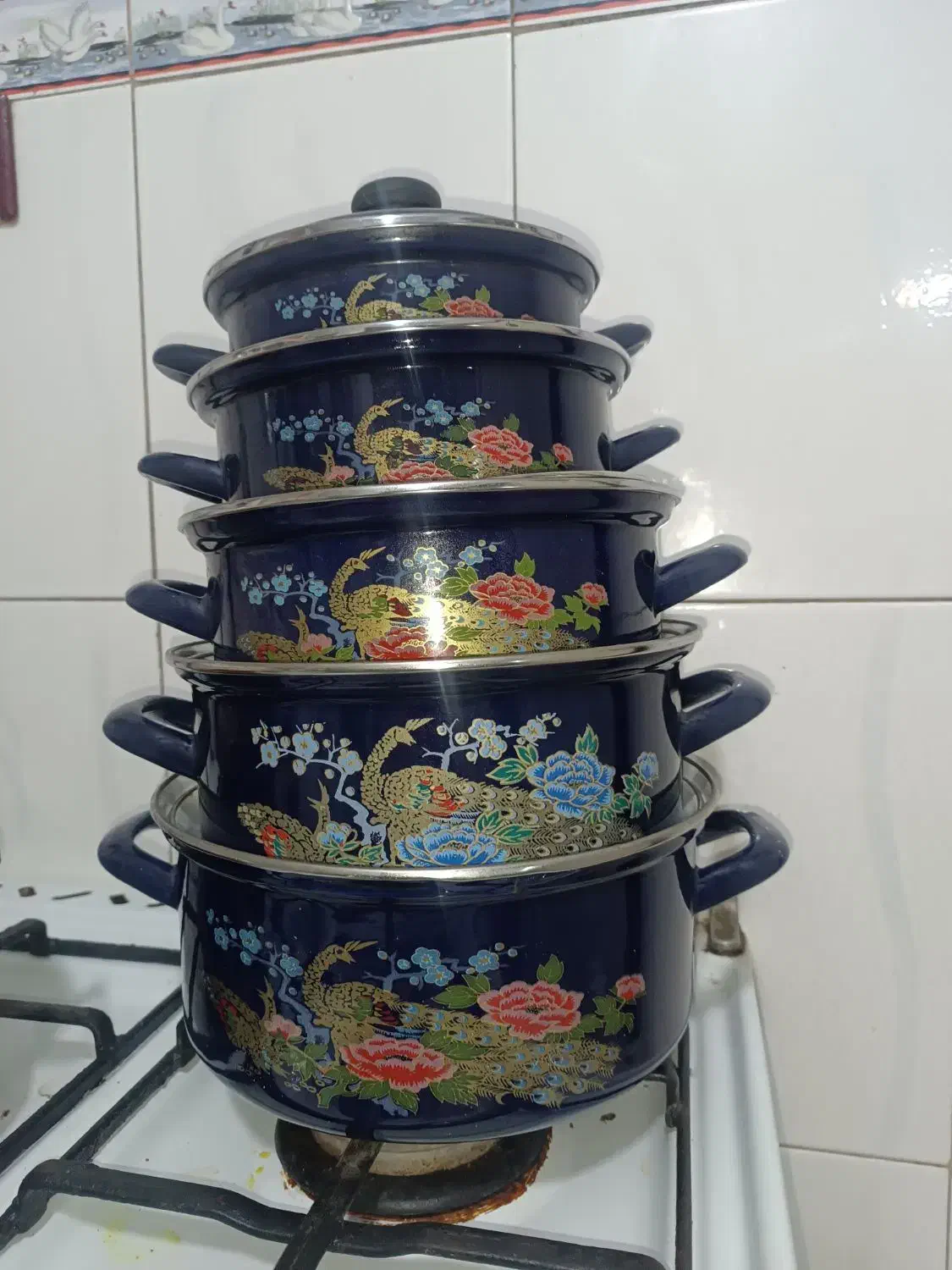 سرویس قابلمه لعابی طاووس آبی 5تایی ج قدیمی عتیقه|کلکسیون اشیاء عتیقه|مشهد, طبرسی شمالی|دیوار