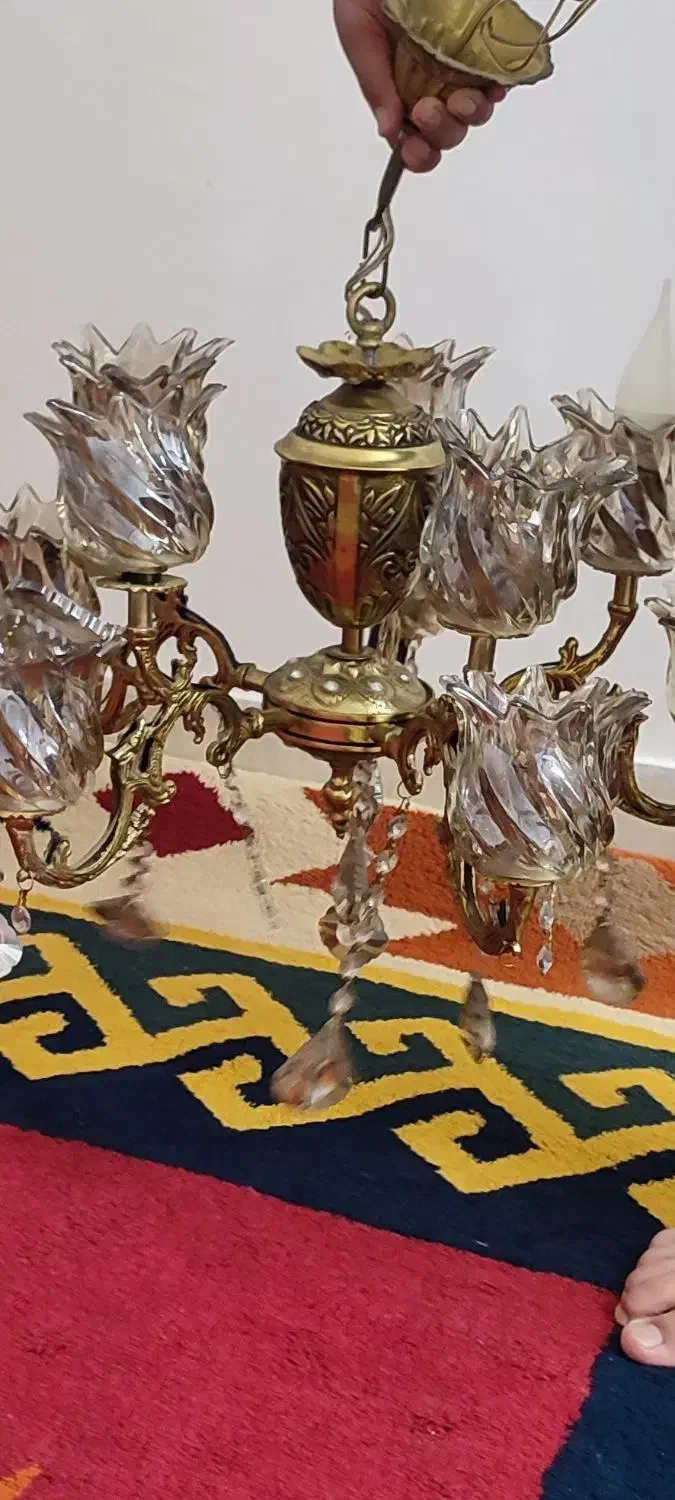 لوستر پنج شاخه ده شعله برنجی|لوستر و چراغ آویز|پاکدشت, پارچین|دیوار