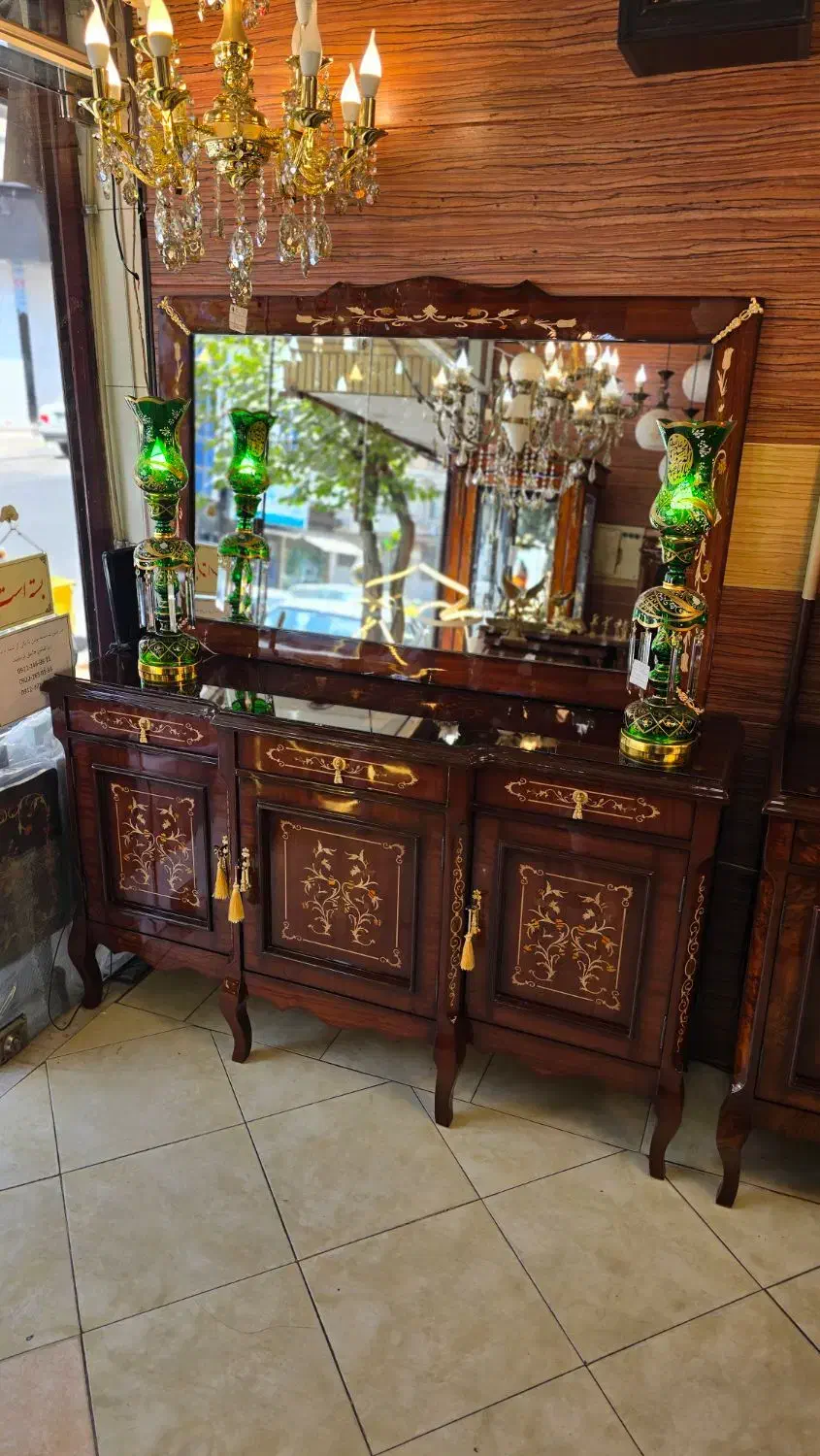 آینه و کنسول سه درب ایتالیایی معرق براق چوب گلنازک|بوفه، ویترین، کنسول|تهران, افسریه شمالی|دیوار