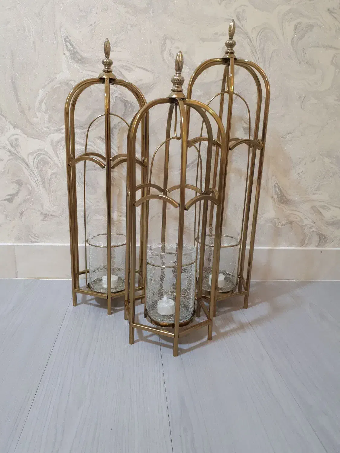 شمعدون سه سایزیی کنار سالنی استیل طلایی|صنایع دستی و سایر لوازم تزئینی|خمام, |دیوار