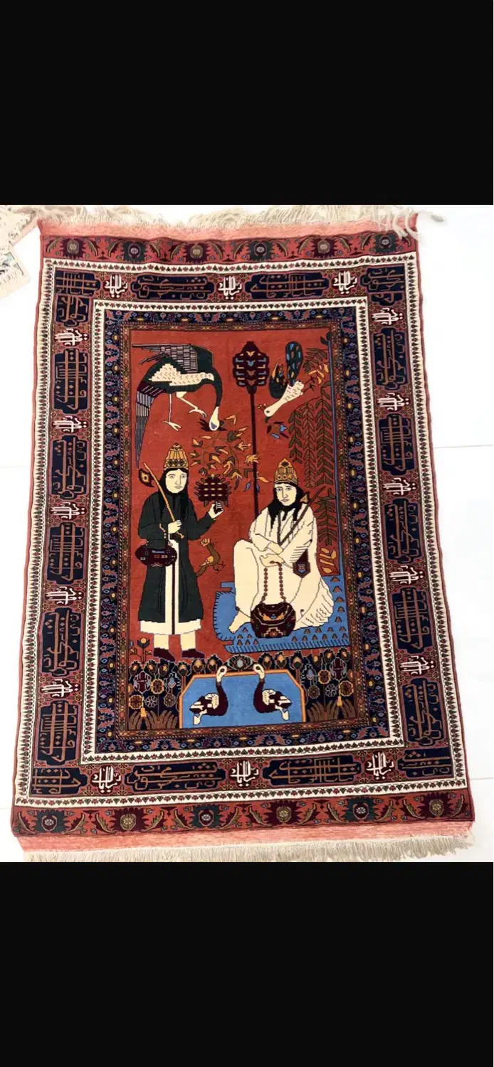 تابلو فرش دستباف قدیمی چله و قسمتی از زمینه ابریشم|تابلو فرش|اصفهان, ناژوان|دیوار