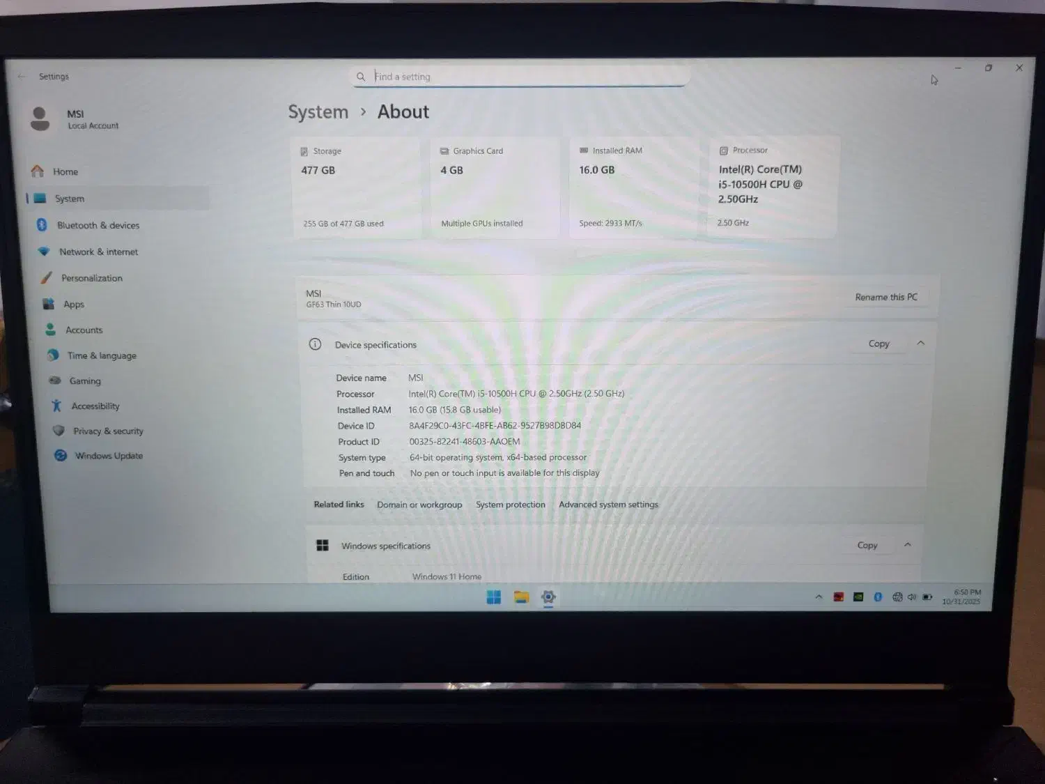 لپتاپ گیمینگ MSI GF63 THIN 10UD|رایانه همراه|تهران, شهرک نفت|دیوار