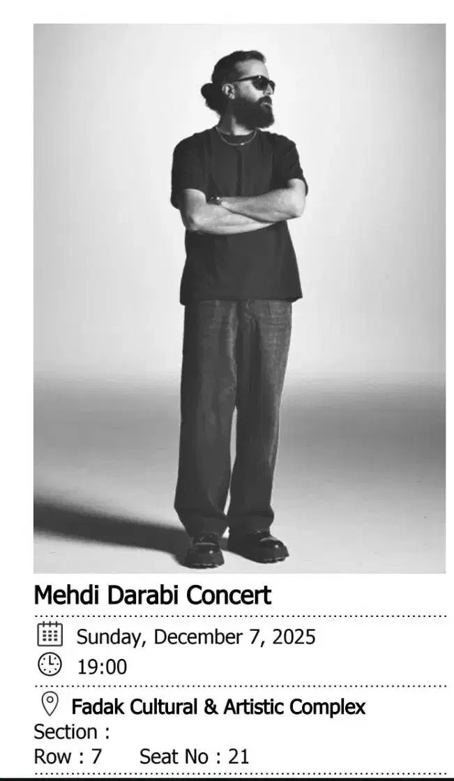 بلیط کنسرت هوروش مهدی دارابی ردیف۷ صندلی ۲۱ تا ۲۵|بلیت کنسرت|اردبیل, |دیوار