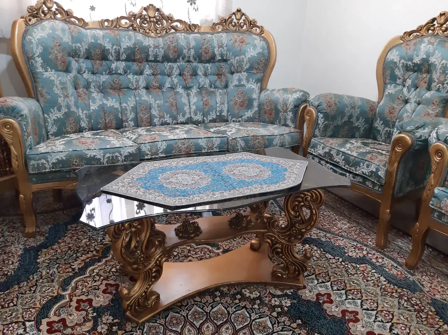 مبل سلطنتی استیل ۹ نفره فیروزه‌ای طلایی|مبلمان خانگی و میز عسلی|یزد, |دیوار