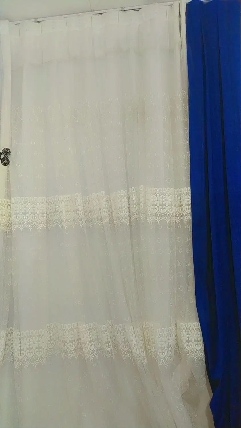 پرده سورمه ای و سفید توری|پرده، رانر، رومیزی|شوشتر, |دیوار