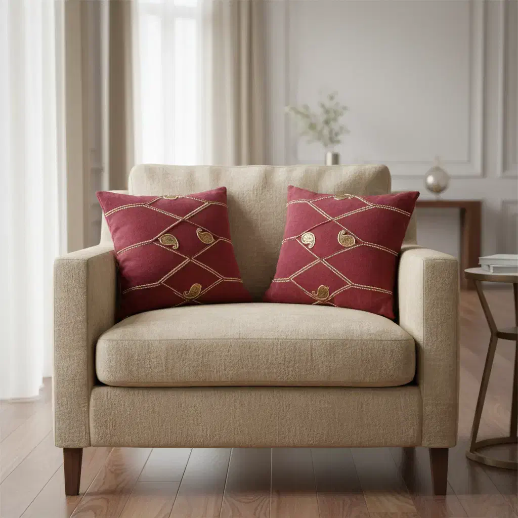 یه جفت کوسن کار شده رنگ قرمز اخرایی|مبلمان خانگی و میز عسلی|تهران, شهمیرزادی|دیوار