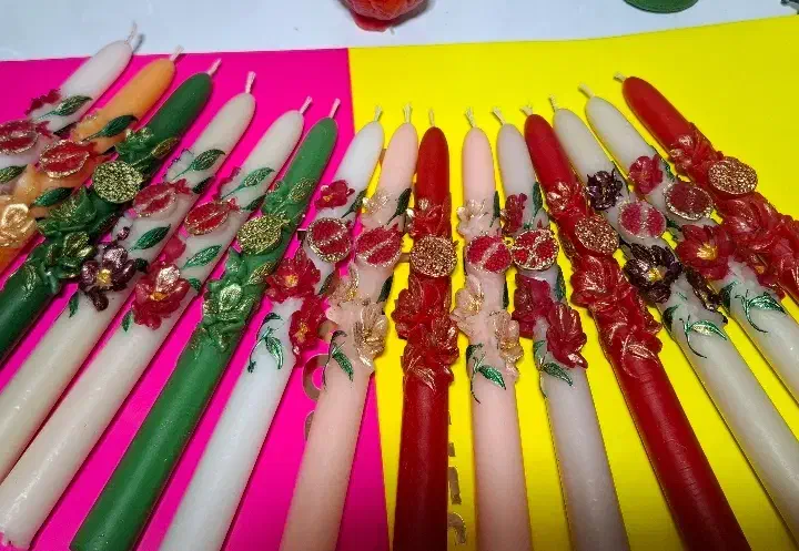 شمع های قلمی 20 سانتی طرح یلدا با رنگ امیزی شده|صنایع دستی و سایر لوازم تزئینی|شوط, |دیوار