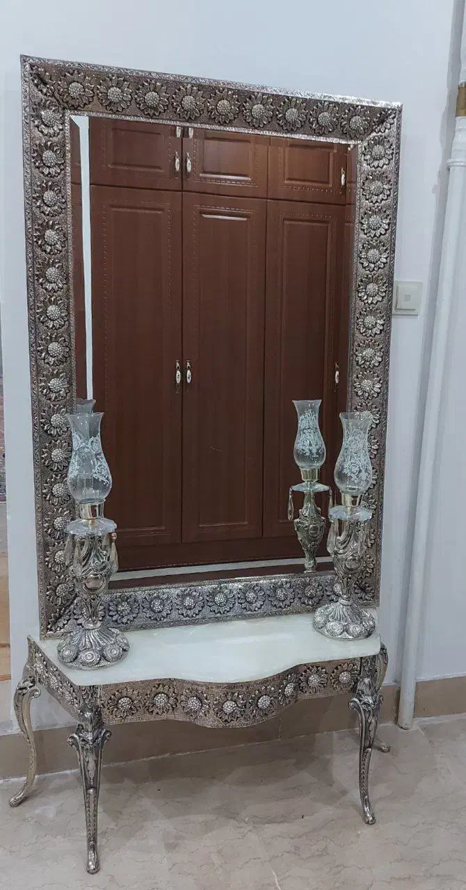 آینه شمعدان برنجی آبکاری قلع(رنگ ثابت)|بوفه، ویترین، کنسول|رزن, |دیوار