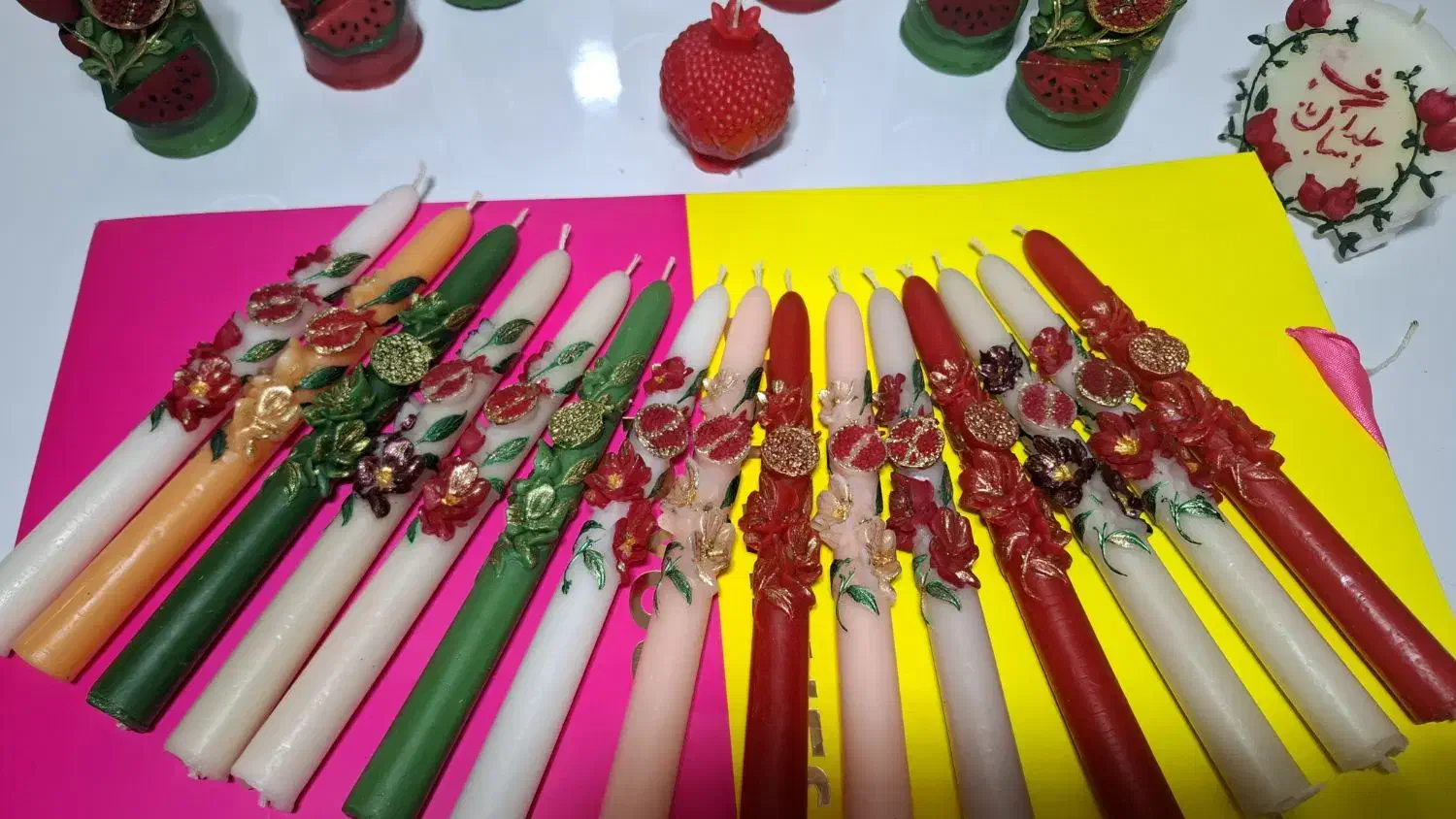 شمع های قلمی 20 سانتی طرح یلدا با رنگ امیزی شده|صنایع دستی و سایر لوازم تزئینی|شوط, |دیوار