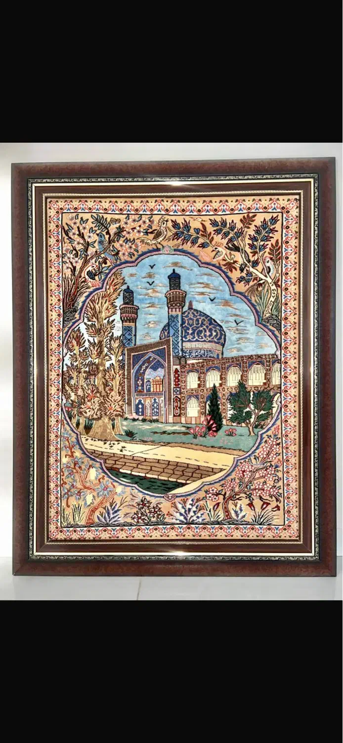 تابلو فرش دستباف قدیمی چله و قسمتی از زمینه ابریشم|تابلو فرش|اصفهان, ناژوان|دیوار