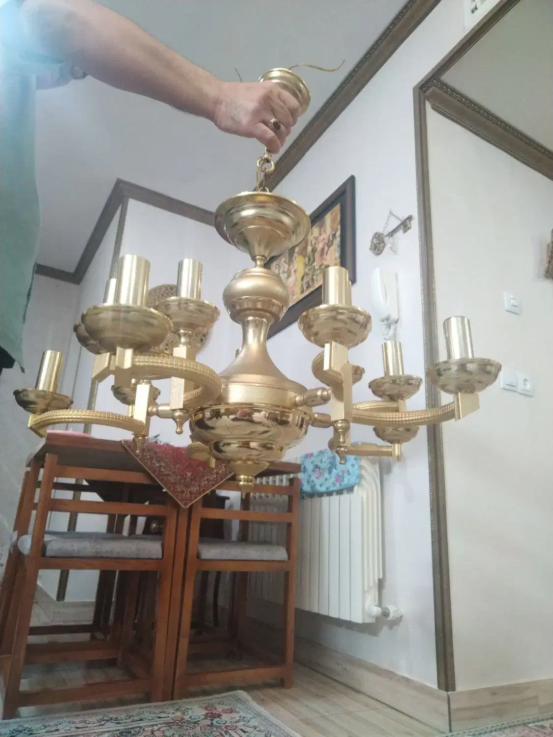 لوستر برنج 5شاخه وهرشاخه 3شعله داره کاملا سالم|لوستر و چراغ آویز|ری, سیزده آبان|دیوار