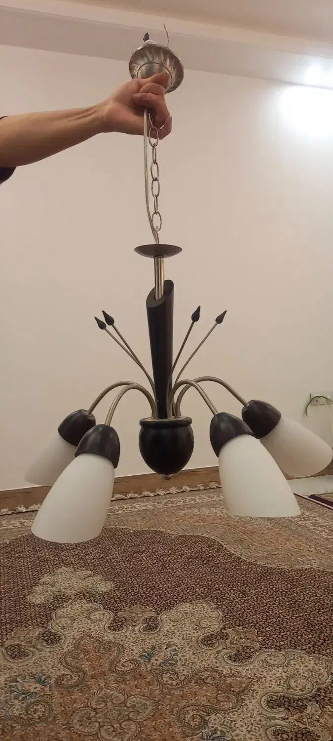 لوستر چوبی ۵ شاخه شیک|لوستر و چراغ آویز|شیراز, شیشهگری|دیوار