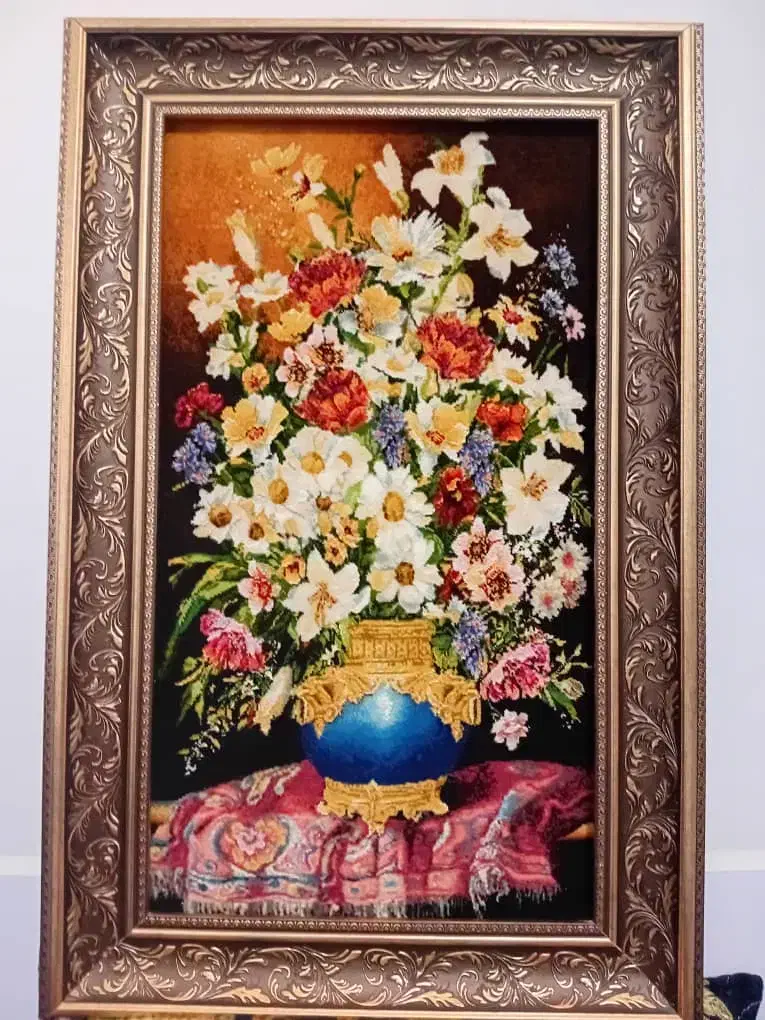 تابلوفرش دس بافت کاملانوباقاب چله پنبه گل و گلدون|تابلو فرش|لاهیجان, کوی زمانی|دیوار