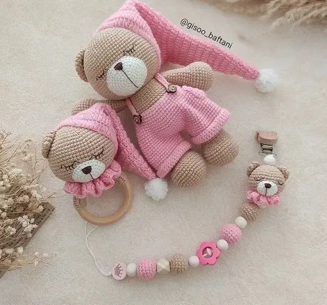 عروسک بافتنی خرس خوابالو جغجغه +بندپستونک|اسباببازی بچه|بجنورد, |دیوار