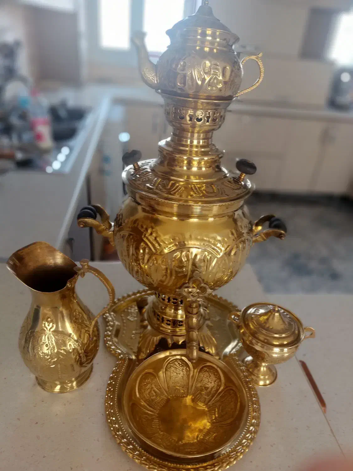 سماور زغالی پنج تیکه برنج|کلکسیون اشیاء عتیقه|قیدار, |دیوار