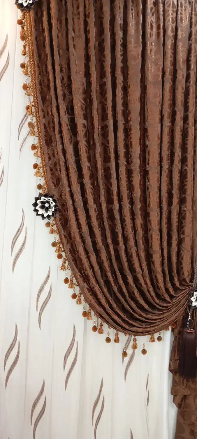 فروش پرده حریر با یالان قهوه ای زیبا|پرده، رانر، رومیزی|شاهرود, |دیوار