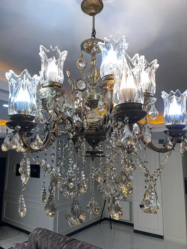 لوستر برنجی ۱۲ شعله|لوستر و چراغ آویز|رودهن, |دیوار