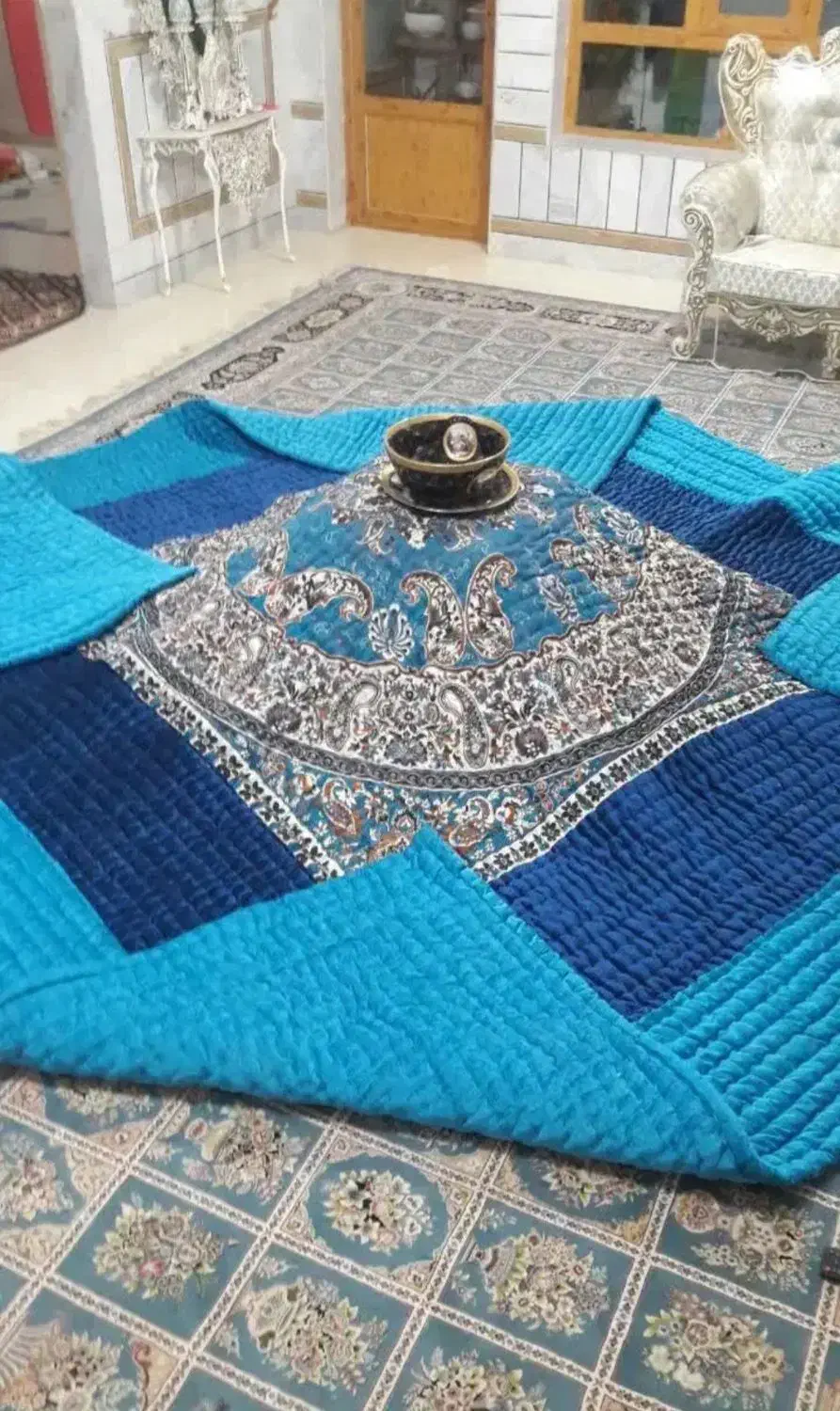لحاف کرسی دست دوز مدل سبحان فیروزه‌ای با لوازمات|رختخواب، بالش، پتو|تهران, یافت آباد جنوبی|دیوار