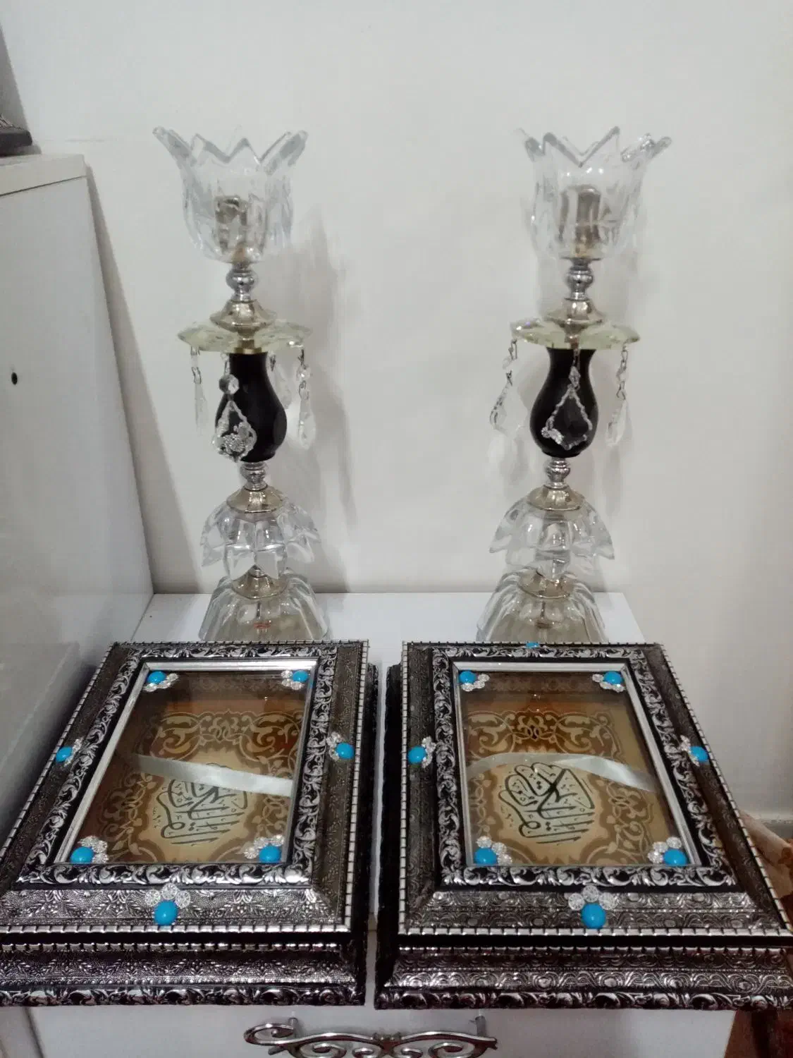 یک جفت شمعدان و یک جفت جا قرآنی زیبا|بوفه، ویترین، کنسول|گناباد, |دیوار