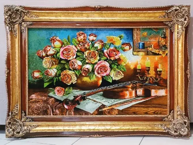 تابلو فرش ابریشم بافت تبـریـز طرح گل رز و ویالون|فرش|تهران, استاد معین|دیوار