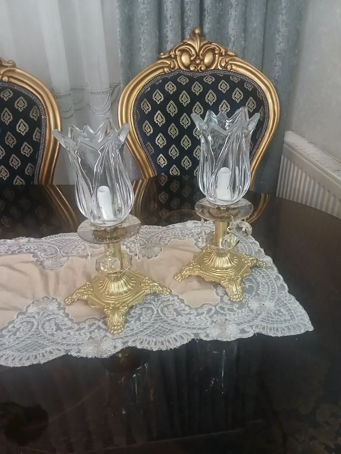 شمعدان پایه برنزی با کریستال‌های اصل|لوستر و چراغ آویز|تبریز, |دیوار