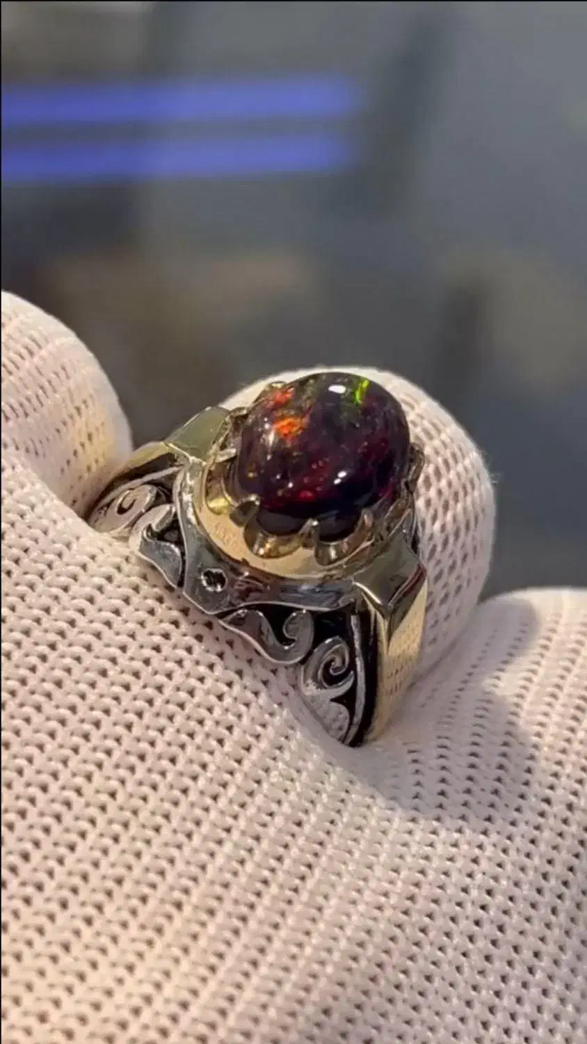 انگشتر نقره جواهری اوپال اتیوپی آتشین عیار 925|جواهرات|اهواز, زیتون کارمندی|دیوار