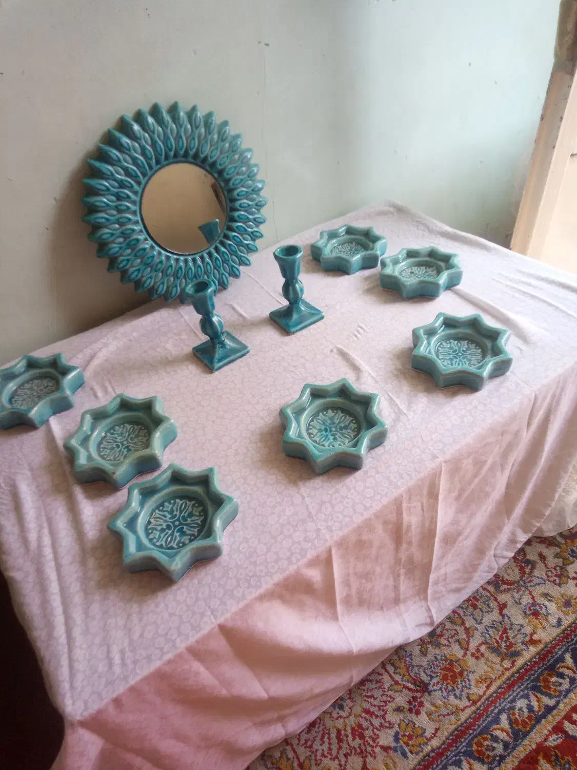 هفت سین فیروزه ای با آیینه و شمعدان فوری فروشی|صنایع دستی و سایر لوازم تزئینی|ورامین, ورامین|دیوار