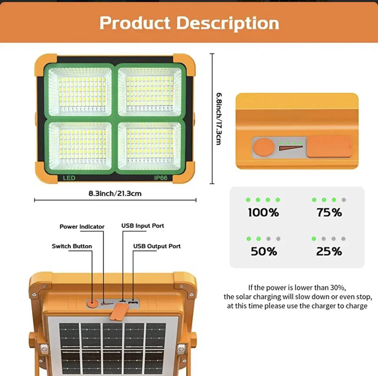 چراغ خورشیدی 100 وات/ اضطراری/ پروژکتور خورشیدی|لامپ و چراغ|رشت, دباغیان|دیوار