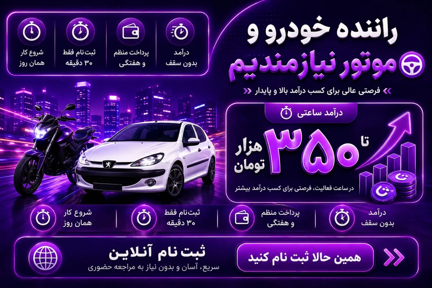 کار خودرو شخصی و موتورسیکلت ساعت دلخواه کل تهران|استخدام حمل و نقل|تهران, جنت‌آباد شمالی|دیوار