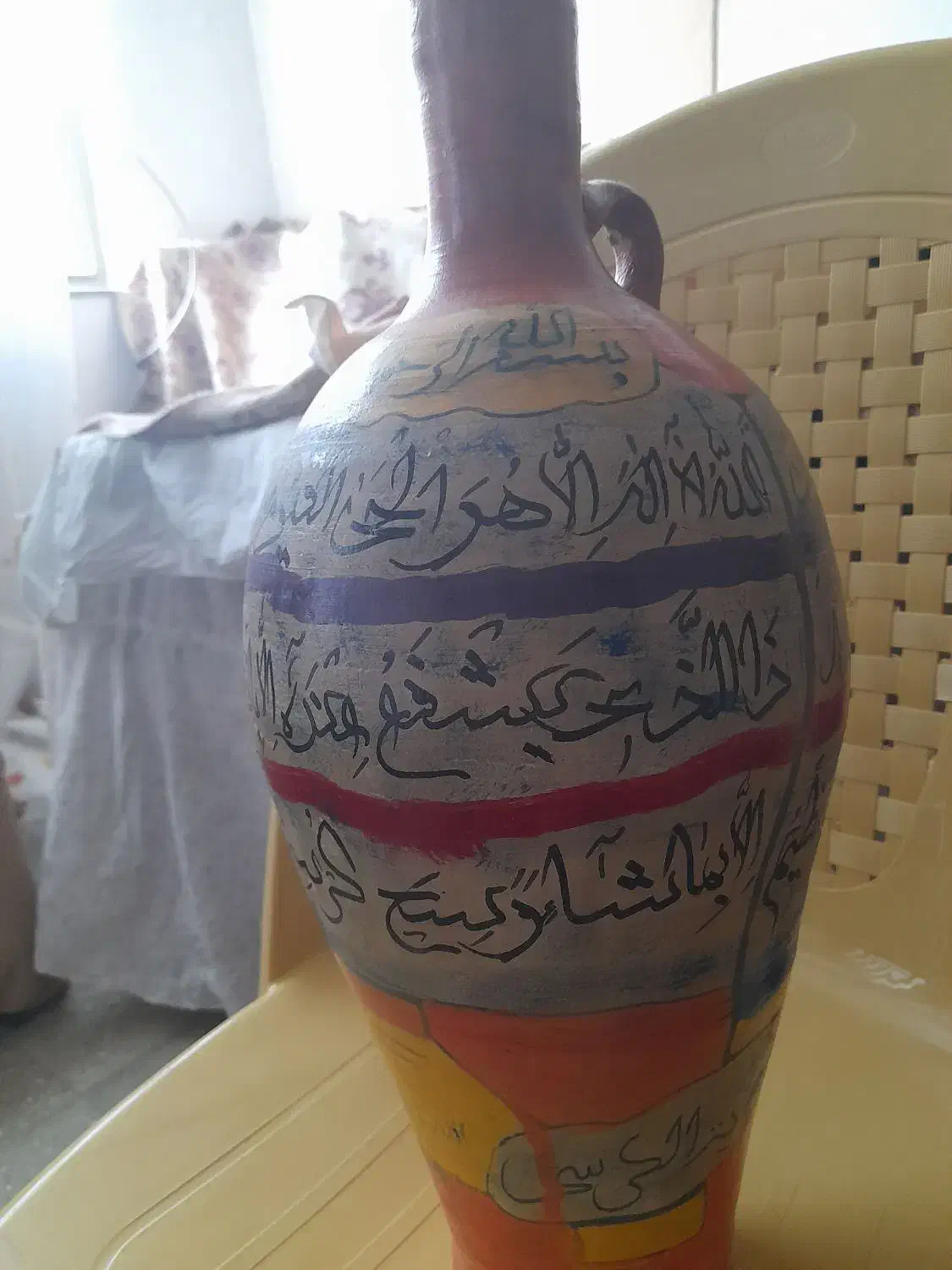 کوزه سفالی بزرگ خطاطی شده آیه الکرسی|مجسمه، تندیس، ماکت|گرمسار, |دیوار