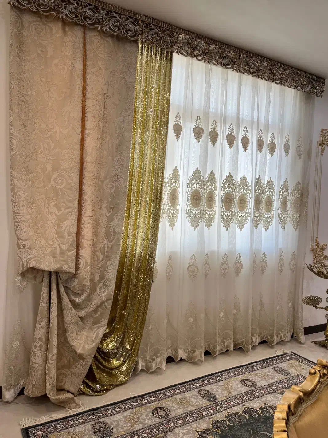 پرده سالن دو تیکه همراه کتیبه|پرده، رانر، رومیزی|قم, سراجه|دیوار