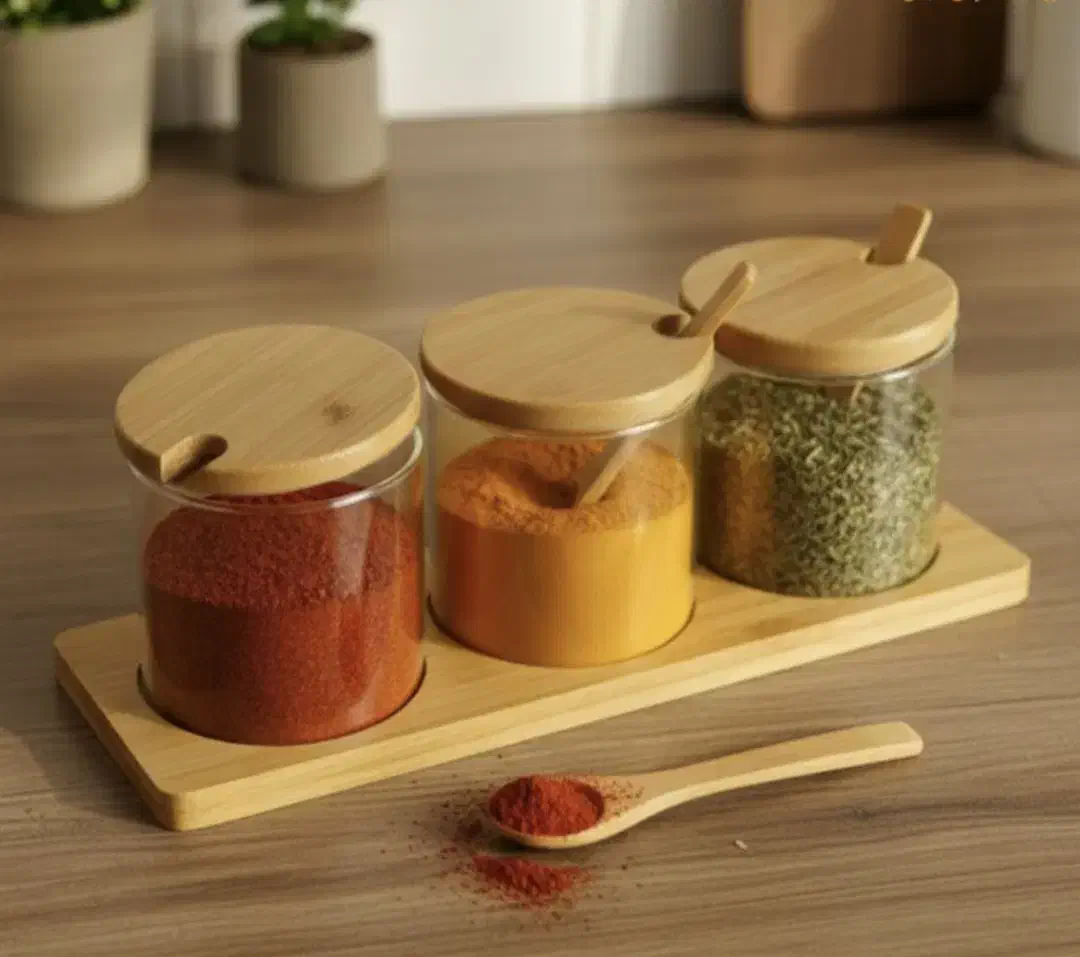 جا ادویه ای ۳ تایی بامبو با قاشق|ظروف نگهدارنده، پلاستیکی، یکبارمصرف|ماکو, |دیوار