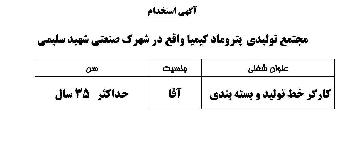 کارگر خط تولید و بستهبندی در مجتمع پتروماد کیمیا|استخدام صنعتی، فنی، مهندسی|تبریز, |دیوار
