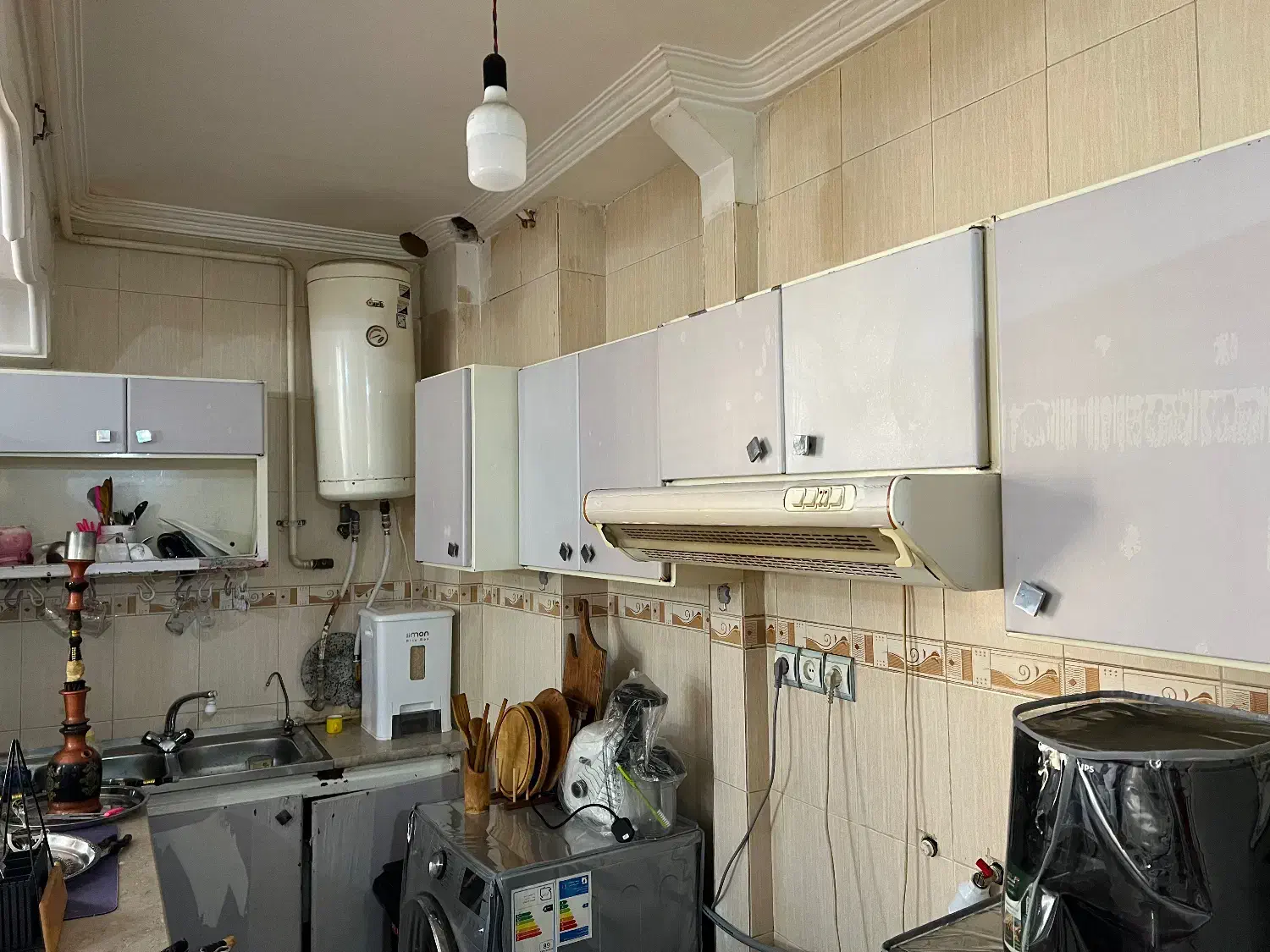 کابینت تمام فلز با هود و سنگ روی کابینت|آب‌چکان و نظم‌دهنده ظروف|بندر گناوه, |دیوار