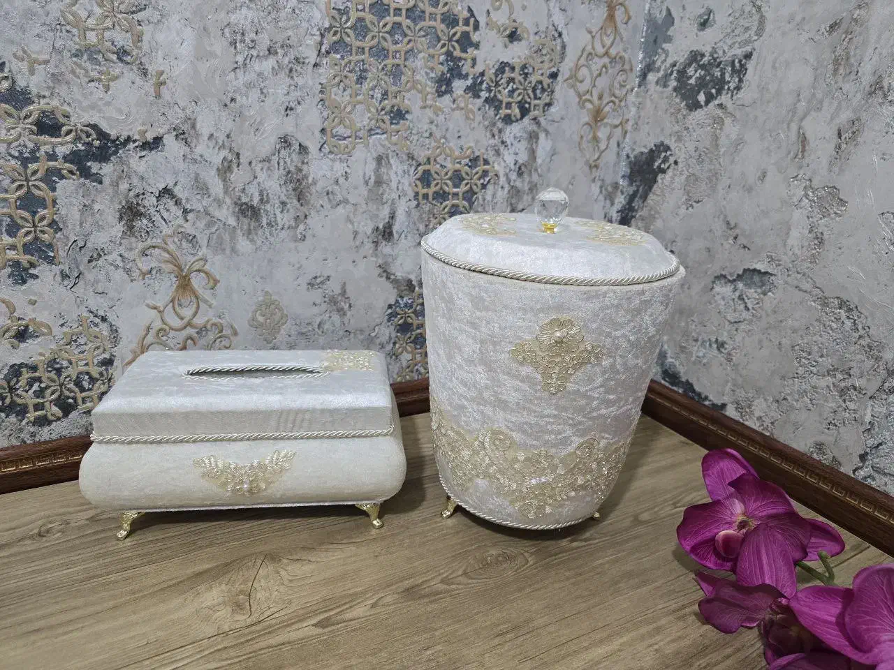 سطل و جا دستمال مخمل دانتل|صنایع دستی و سایر لوازم تزئینی|تهران, خاوران|دیوار