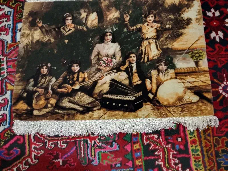 98/64تابلو نوازندگان دستبافت قدیمی رج50 چله ابریشم|تابلو فرش|تبریز, |دیوار