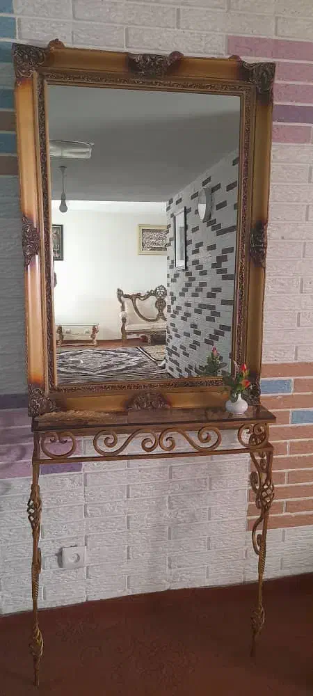 آینه کنسول چوب راش گردوسلطنتی باپایه برنز|بوفه، ویترین، کنسول|رباط‌کریم, شهرک والفجر|دیوار