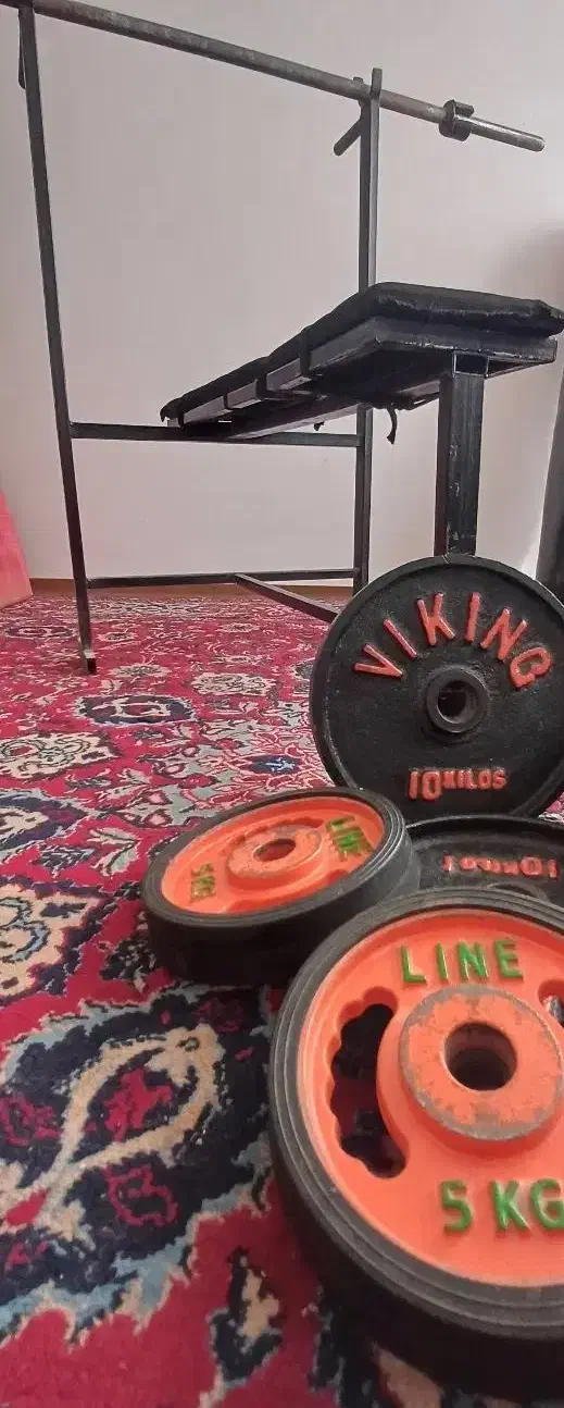 میز پرس خانگی هالتر و چهل و پنج کیلو وزنه|تجهیزات ورزشی|هرسین, |دیوار