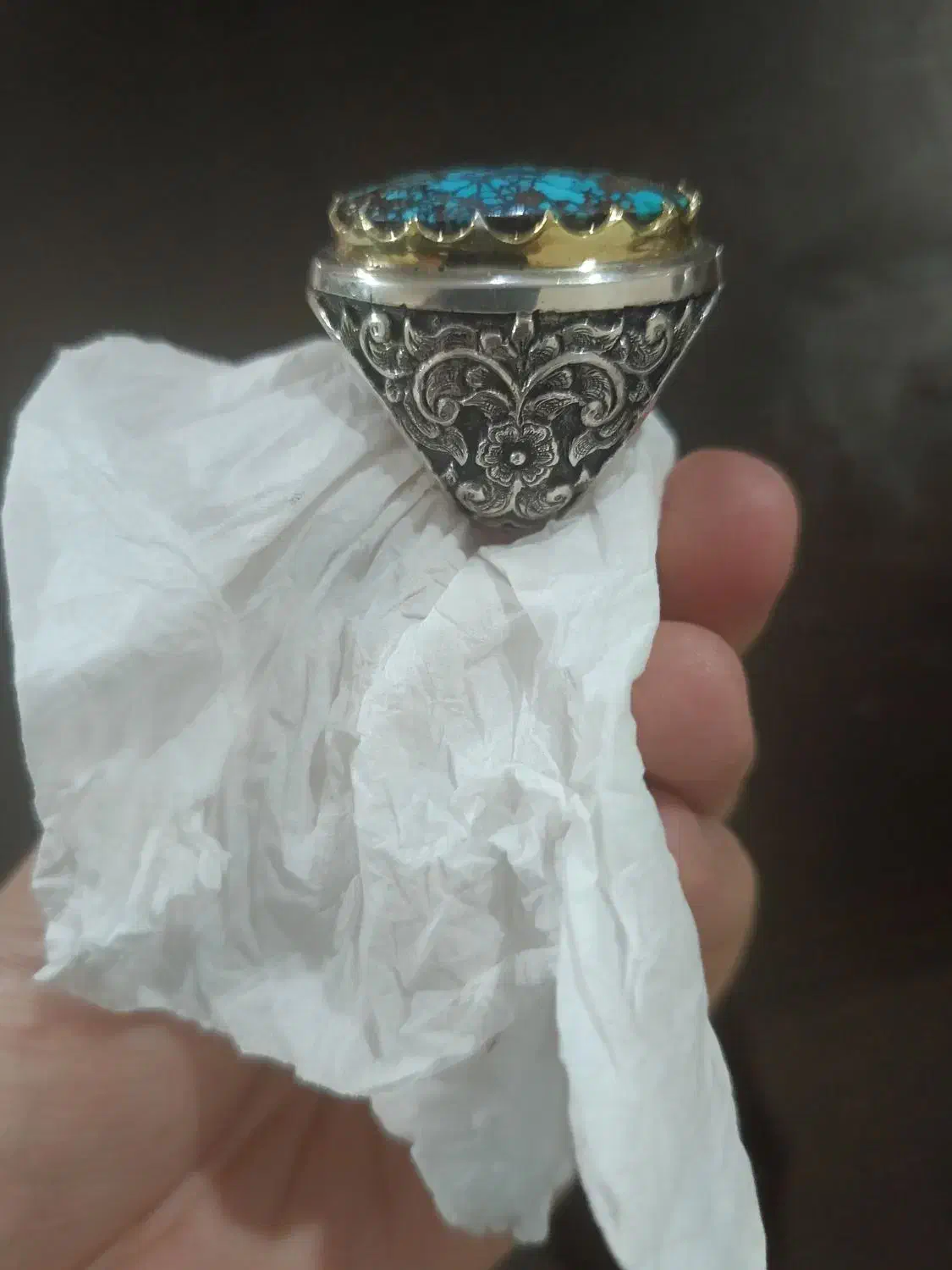 انگشتر فیروزه دست ساز کلکسیونی قلم زنی شده نو|بدلیجات|تهران, حبیب الله|دیوار