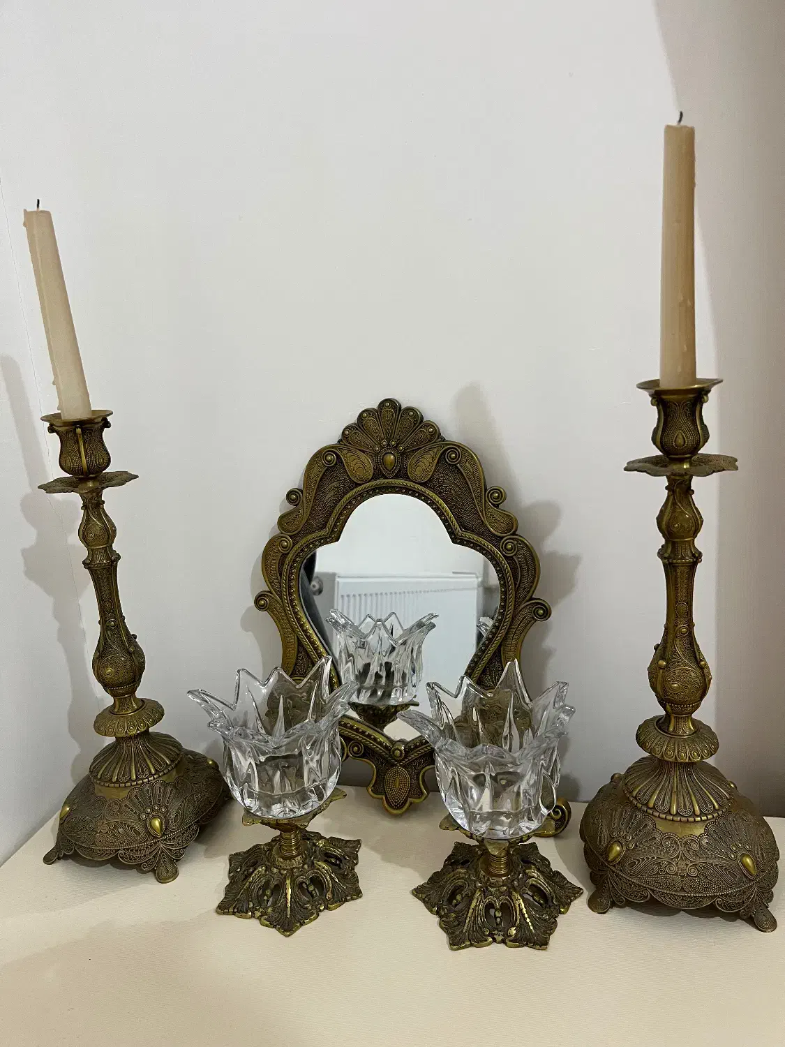 ست اصل و کامل آینه و شمعدان برنجی|صنایع دستی و سایر لوازم تزئینی|سقز, |دیوار