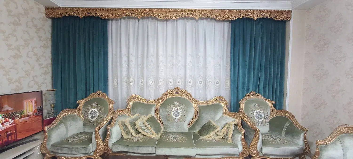 پرده پذیرایی، کناره مخمل زیره تور به همراه آستر|پرده، رانر، رومیزی|اسلام‌شهر, شهرک مفیدی|دیوار