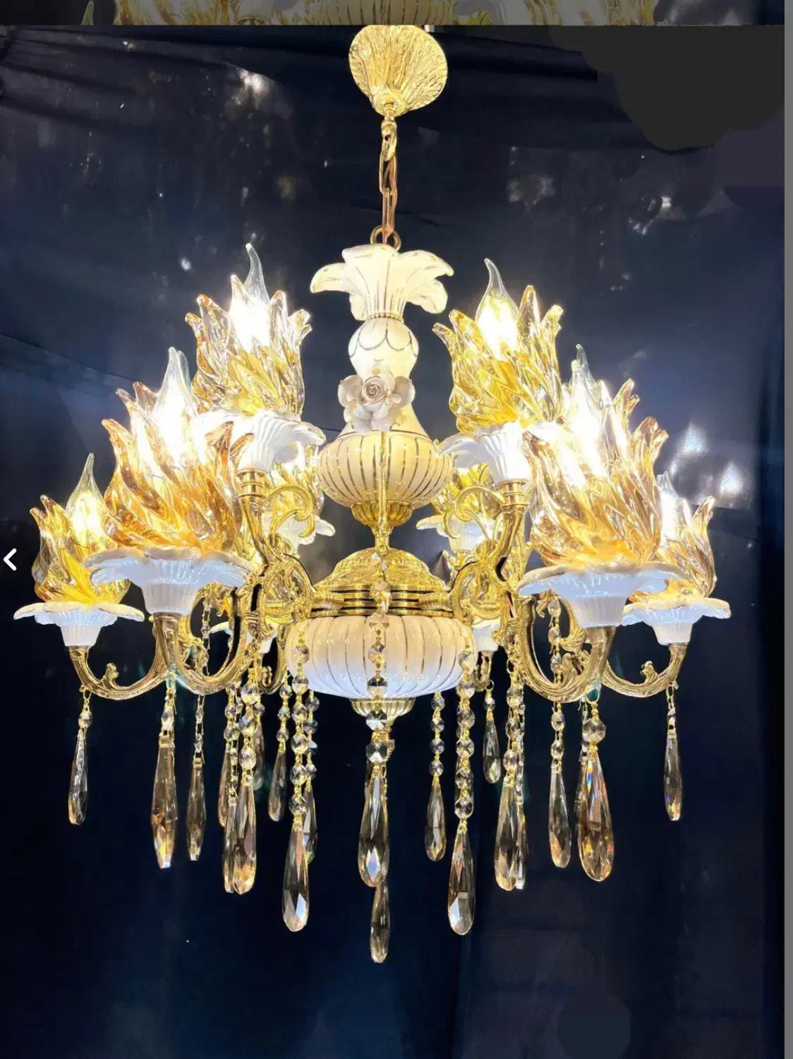 لوستر ۵شاخه ۱۰شعله سرامیکی خطی با گل اصل برنجی|لوستر و چراغ آویز|کرمانشاه, |دیوار