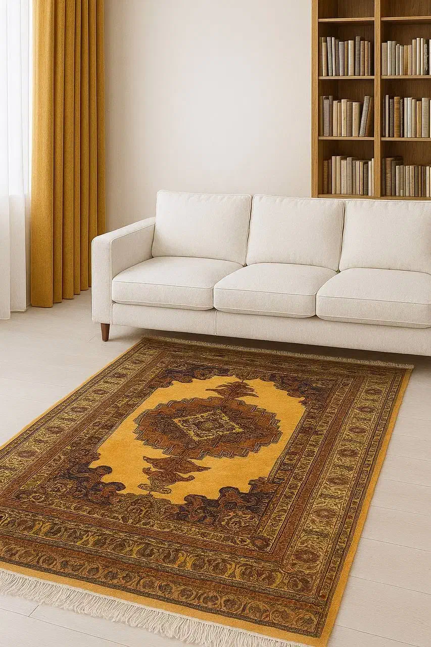 فرش دستباف (بساک) جفت ۶ م کف ساده لیمویی|فرش|مشکین‌دشت, |دیوار