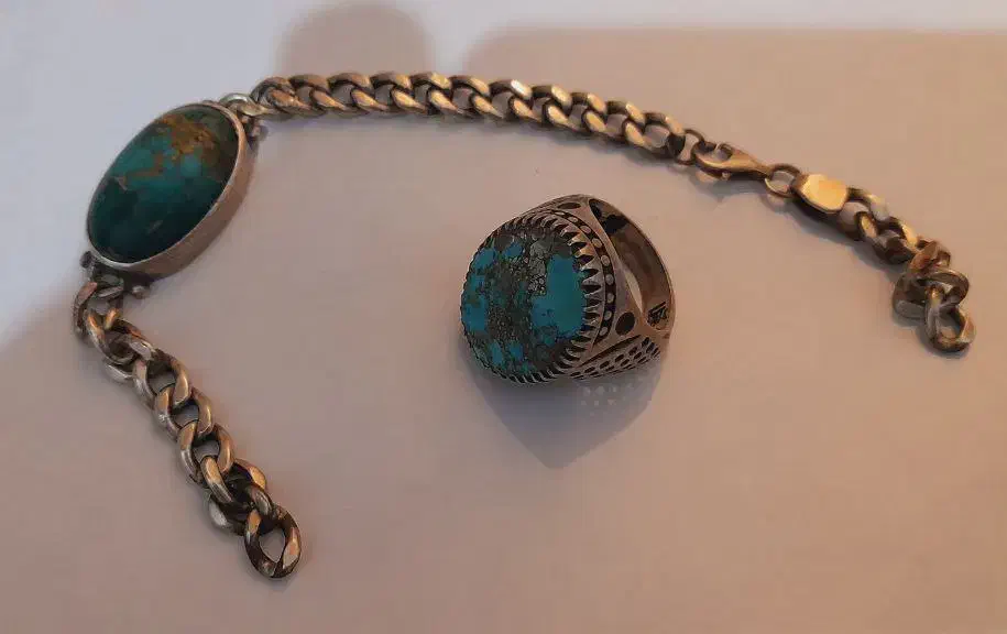 انگشتر و دستبند نقره هر دو فیروزه اصل|جواهرات|بهشهر, |دیوار