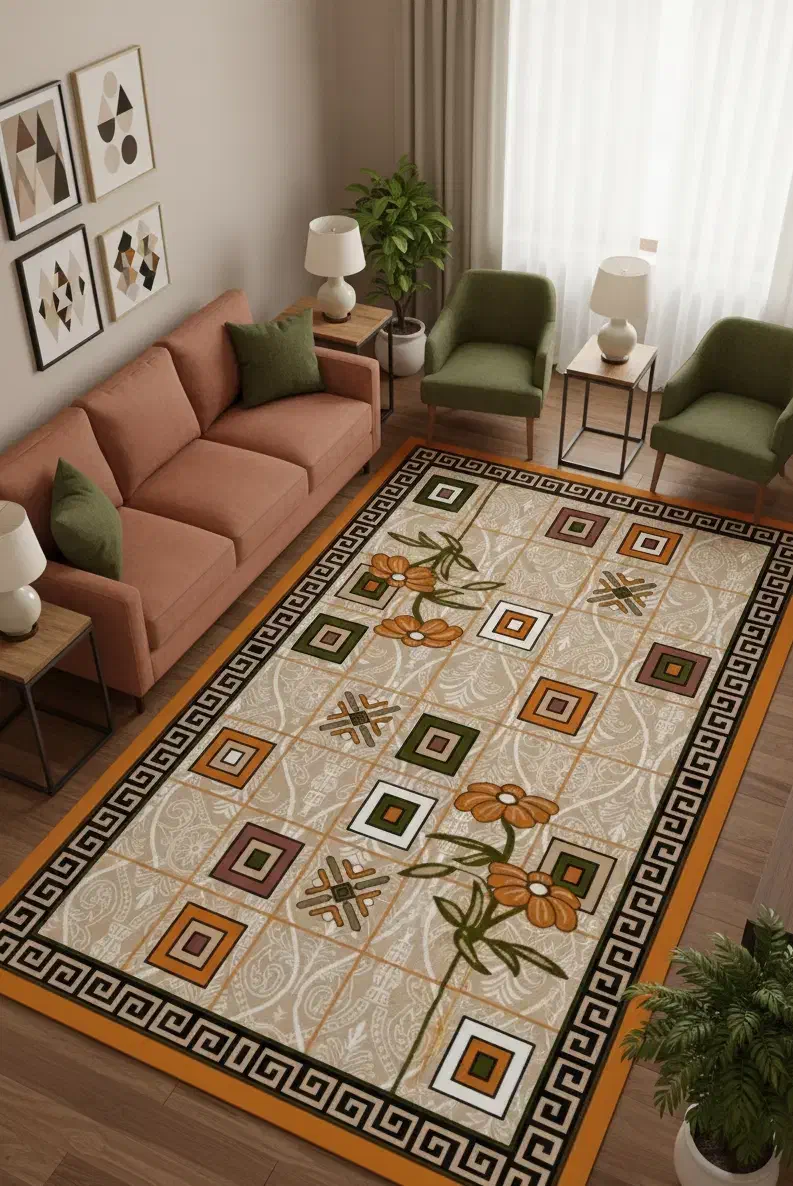 گلیم ماشینی با رنگ‌بندی طوسی فیلی بادومی لاکی|گلیم، جاجیم، گبه|بروجرد, |دیوار