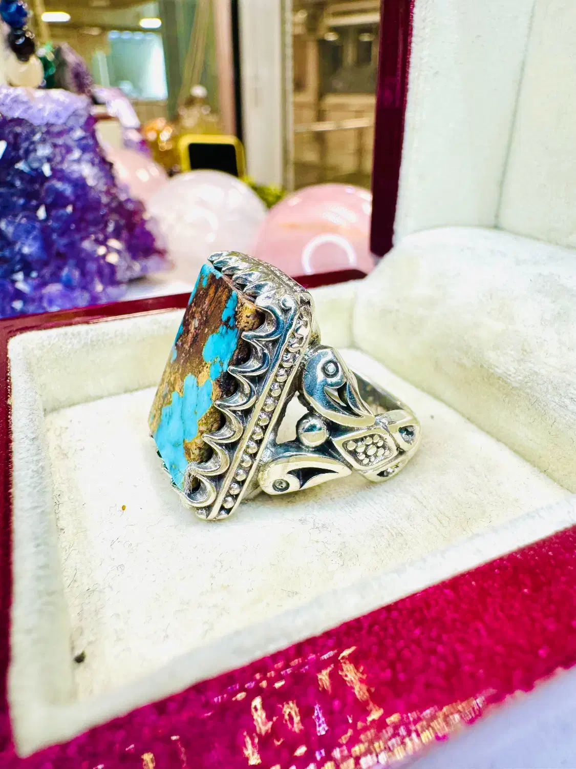 انگشتر فوق لوکس سنگ فیروزه آبی شجری طلایی نیشابوری|بدلیجات|تبریز, |دیوار