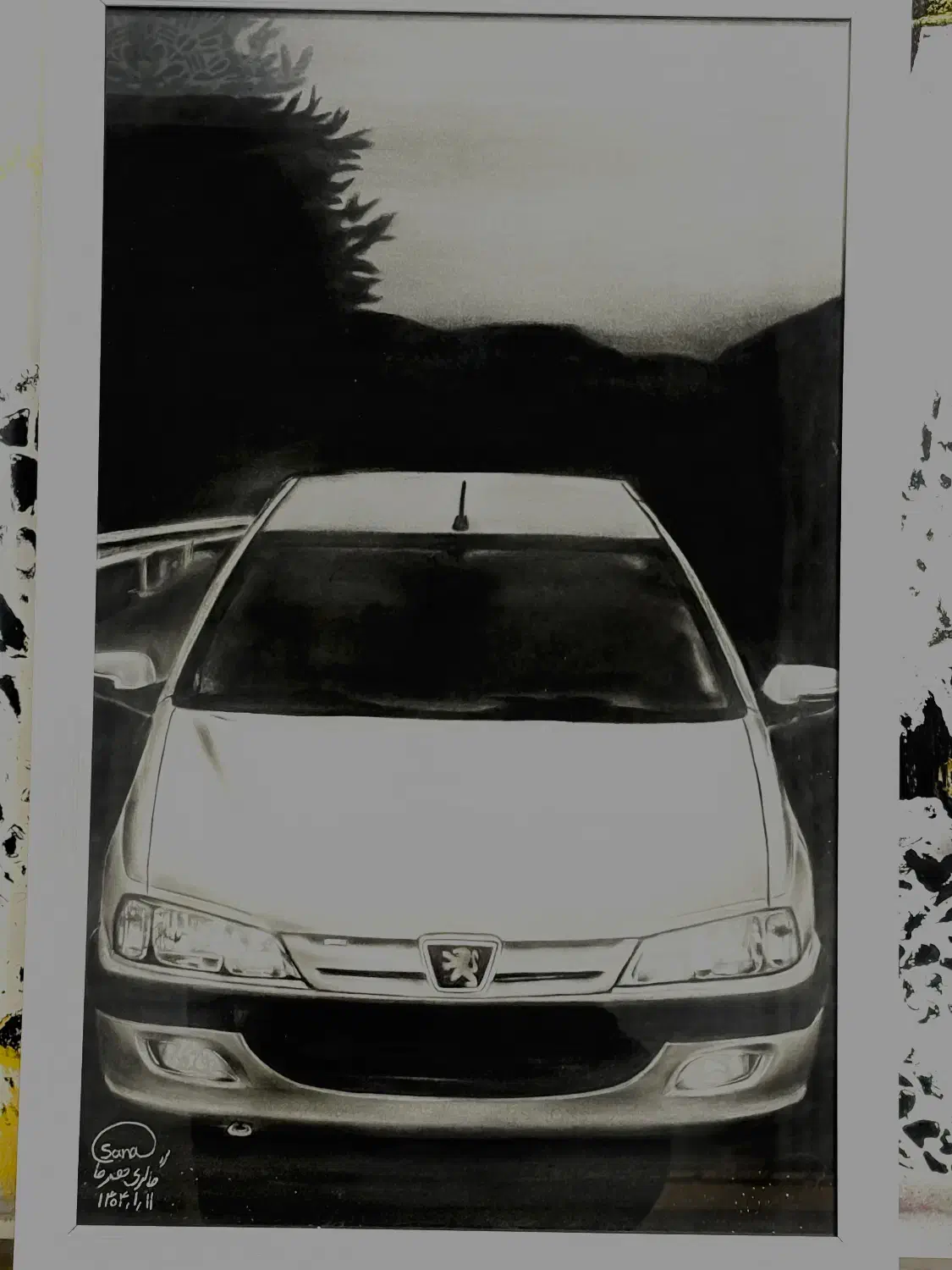 فروش نقاشی سیاه قلم طرح پژو قاب شده|تابلو، نقاشی، عکس|نقده, |دیوار