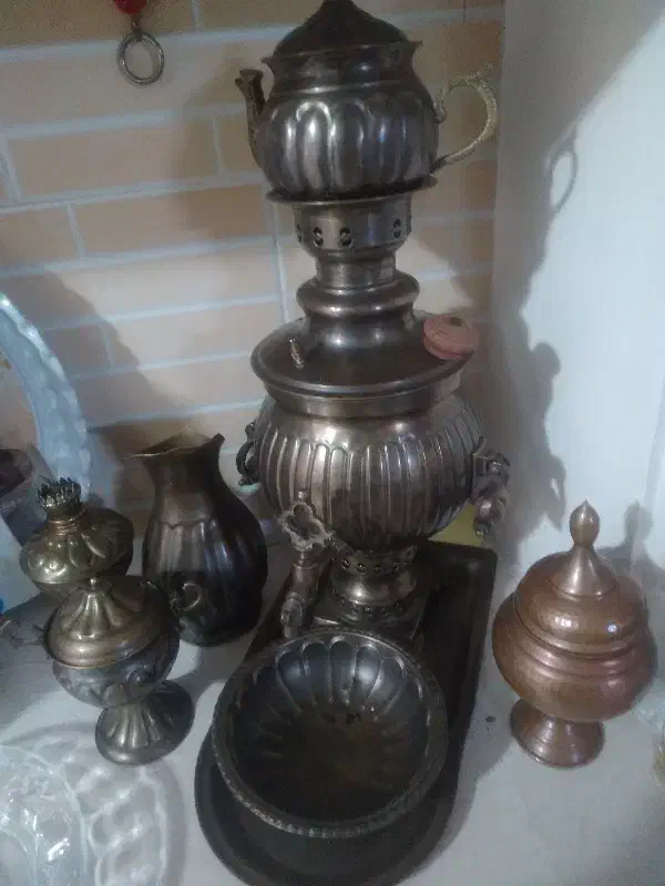 سماور برنجی زغالی 7تیکه|کلکسیون اشیاء عتیقه|نیشابور, شهرک اندیشه|دیوار