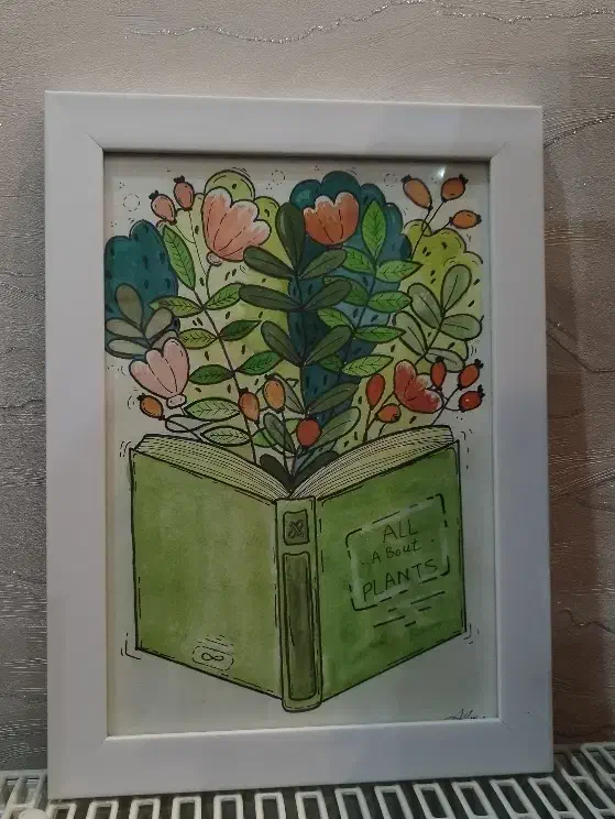 تابلو آبرنگ طرح کتاب با قاب سفید|تابلو، نقاشی، عکس|قم, شاه سید علی|دیوار